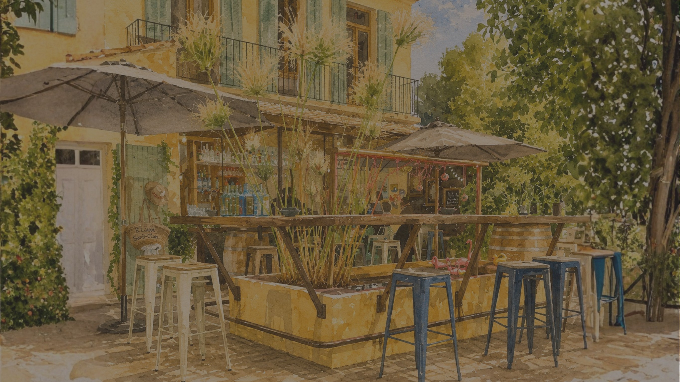 Illustration aquarelle du bar du Lavoir Saint Clair sous les orangers